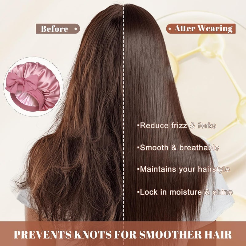 CHLINS Satin Bonnet for Sleeping Cap Double Layer Hair Bonnet with Elastic Tie Band for Curly Hair Night Cap (Bean Paste + Pink) - Image 5